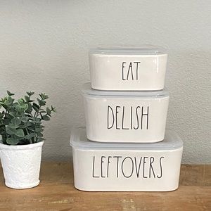 Rae Dunn EAT DELISH LEFTOVERS bowls with lids
